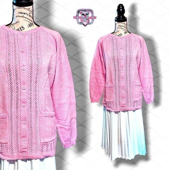 VINTAGE 1960's Barbie Pink Button Up Knit Cardigan Sweater, Large - Picture 1 of 6